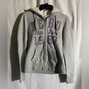 Aeropostale Sherpa Lined Zip Up Sweatshirt Hoodie, Size M, Grey, Purple, Sparkle